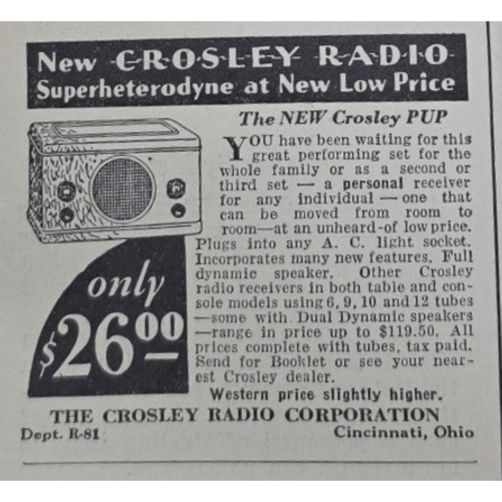 1932 Crosley PUP Radio Original Print Ad Vintage Superheterodyne Art Deco Paper
